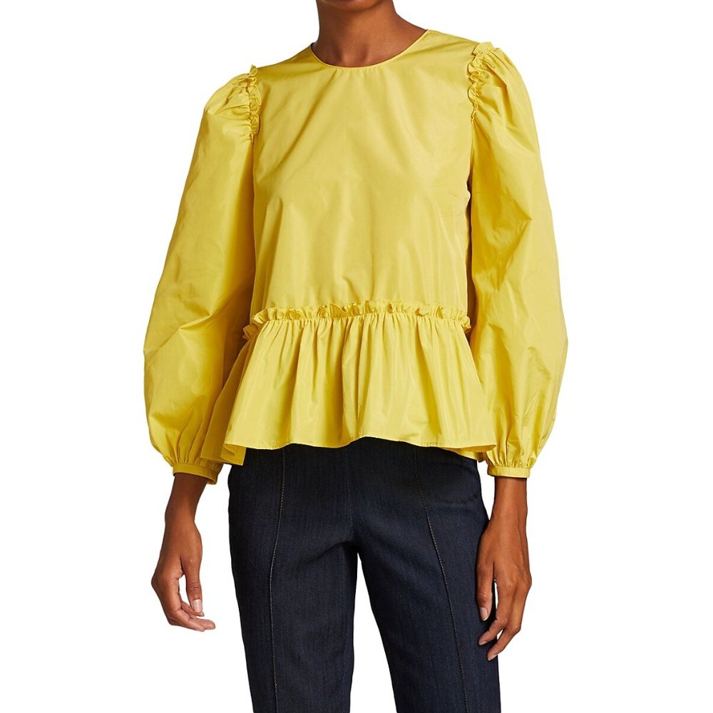 Cinq À Sept Jackie Three-Quarter Puffy Sleeve Ruffle Trim In Pollen Top M Blouse
